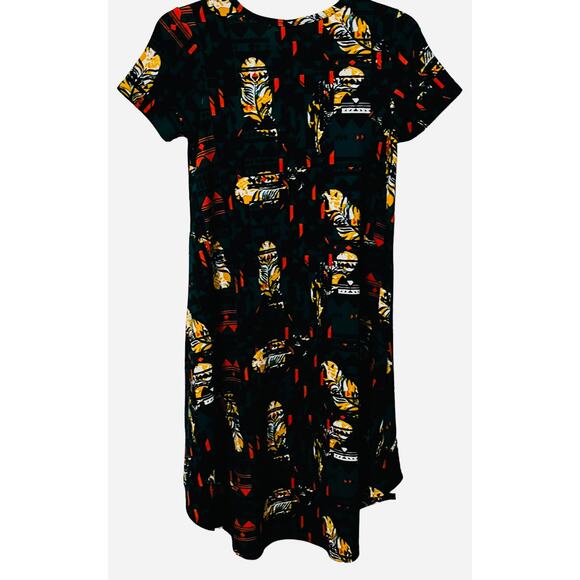 LULAROE SHORT SLEEVE TUNIC DRESS,WOMENS, XS, GREEN-ORANGE YELLOW ABSTRACT HI-LOW - Picture 4 of 10